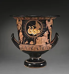 Red-Figure Calyx-Krater (Mixing Vessel): Medea in Chariot (A); Telephos with Baby Orestes (B) by Policoro Painter (South Italian, Lucanian, active c. 400 BCE)