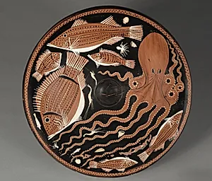 Red-Figure Fish Plate: Octopi, Mullet, Bream, Shellfish by Asteas/Python Workshop (South Italian, Paestan, active c. 360–320 BCE)