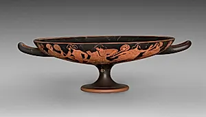 Red-Figure Kylix (Drinking Cup): Dionysos and Satyr (I); Satyrs and Maenads (A, B) by Douris (Greek, Attic, active c. 500–470 BCE)