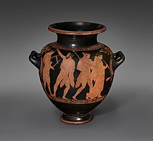 Red-Figure Stamnos (Mixing/Storage Vessel): Komos (Musicians and Revelers) by Kleophon Painter (Greek, Attic, active c. 440–410 BCE)