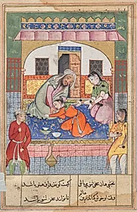 Repenting his conduct, ‘Ubaid falls at the feet of his parents, from a Tuti-nama (Tales of a Parrot): Forty-second Night by Unknown Artist