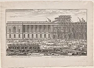 Representation des Machines qui ont servi à eslever les deux grandes pierres qui couvrent le fronton de la principale entrée du Louvre by Sébastien Le Clerc I (French, 1637–1714)