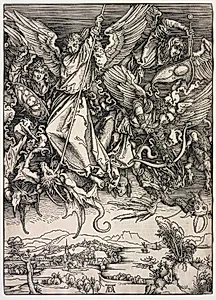 Revelation of St. John: St. Michael fighting the Dragon by Albrecht Dürer (German, 1471–1528)