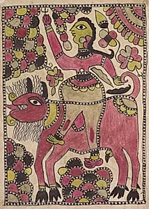 Rider and four-legged bovine creature in mauve, chartreuse and black palette by Unknown Artist