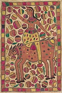 Rider and four-legged bovine creature with border of colored squares by Unknown Artist