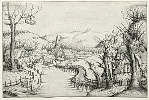 River Landscape with Three Bare Willow Trees at Right and a Long Winding Wooden Bridge at Center Leading to a Village by Augustin Hirschvogel (German, 1503–1553)