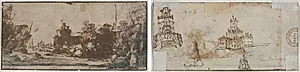 Rocky Inlet with Boats and Buildings (recto); Sketches of Castles (verso) by Unknown Artist