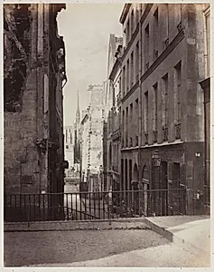 Rue Jean-de-Beauvais. Vue prise de la rue des Écoles vers la boulevard Saint-Germain, en travaux by Charles Marville (French, 1813–1879)