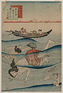 Rustic Genji's Poetry Contest: Mitsuuji's Excursion to the Seaside to See Abalone Diving (Inaka Genji shikishi awase, Mitsuuji umibe ni te awabi o torase yūran no zu) by Utagawa Kunisada II (Japanese, 1823–1880)