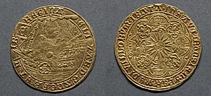 Ryal: Elizabeth I in Ship (obverse); Rose over Radiate Sun (reverse) by Unknown Artist