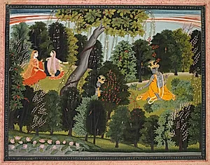 Sakhi Persuades Radha to Meet Krishna, from a Gita Govinda (Song of the Cowherd) of Jayadeva by Purkhu (Indian, 1750–1860)