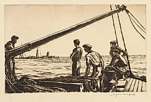 Salvage Men Approaching a Torpedoed Ship by Muirhead Bone (British, 1876–1953)