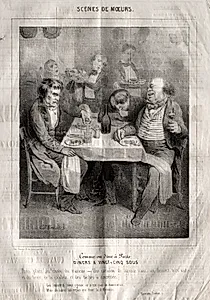Scènes de moeurs:  Comme ou dine à Paris.  Diners a vingt-cing sous. Trois plates au choix du traiteur...