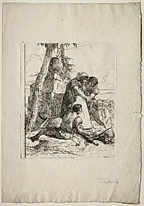 Scherzi di Fantasia: Magician Pointing Out a Burning Head to Two Youths by Giovanni Battista Tiepolo (Italian, 1696–1770)