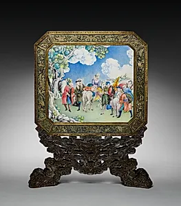 Screen with European Figures (obverse) and Landscape (reverse) with Stand by Unknown Artist