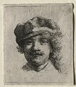 Self-Portrait Wearing a Soft Cap: Full Face, Head Only by Rembrandt van Rijn (Dutch, 1606–1669)
