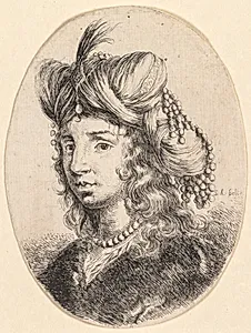 Several heads in the Persian style: Portrait, Sultana Wearing a Pearl Necklace and a Turban (Plusieurs têtes coiffées à la persienne) by Stefano Della Bella (Italian, 1610–1664)