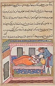 Shahr-Arai’s husband bends to kiss his wife who feigns sleep, from a Tuti-nama (Tales of a Parrot): Fortieth Night by Unknown Artist
