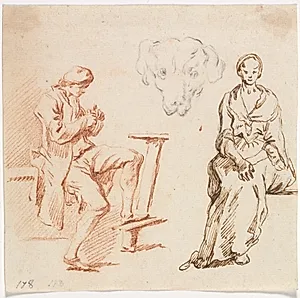 Sheet of Studies: Seated Man, Head of a Dog, Seated Woman by Claude-Joseph Vernet (French, 1714–1789)