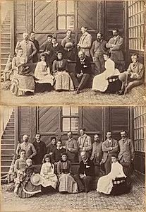 Shimla 17th May 1887: Viceregal party. Lord William Beresford, Military Secretary, Captain Leonard Gordon A.D.C., Mademoiselle Clerc, The Honorable Basit Blackwood, Major F.R. Hamilton A.D.C., Mr. Oglivie Grant, Sir Donald Mackenzie Wallace K.C.E., Private Secretary, Dr. J. Findlay, Mrs. F.R. Hamilton, Master G. Hamilton, Lady Victoria Blackwood, H.E. The Countess of Dufferin, H.E. The Earl of Dufferin, Lady Hermione Blackwood, Lord Herbrand Russell, A.D.C. (recto); Viceregal Party Shimla (verso) by Raja Deen Dayal (Indian, 1844–1905)