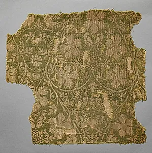Silk fragment with scrolling vines, grape leaves, grapes, and birds by Unknown Artist