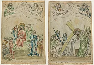 Single Leaf from a "Biblia Pauperum": Christ Crowned with Thorns (recto) Christ Carrying the Cross (verso) by Unknown Artist
