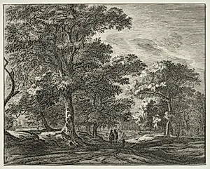 Six views in the Wood of the Hague: Plate 1, Two Men Preceded by a Hunter by Roelant Roghman (Dutch, 1627–1692)