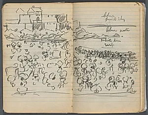 Sketchbook, page 108 &109: Beach View with color notations  by Maurice Prendergast (American, 1858–1924)