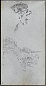 Sketchbook, page 27: Detail Study for " On a Terrace" and Landscape Study by Ernest Meissonier (French, 1815–1891)