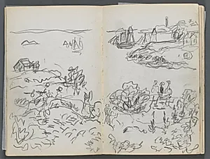 Sketchbook, The Dells, N° 127, page 042 & 43: Cove with Boats and Figures by Maurice Prendergast (American, 1858–1924)