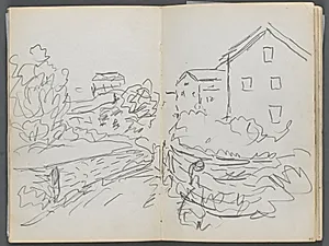 Sketchbook, The Dells, N° 127, page 044 & 45: Landscape with Houses by Maurice Prendergast (American, 1858–1924)
