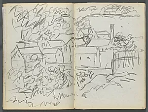 Sketchbook, The Dells, N° 127, page 096 & 97: Landscape with Houses by Maurice Prendergast (American, 1858–1924)