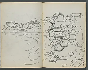 Sketchbook, The Dells, N° 127, page 128 & 129: Houses on a Coast by Maurice Prendergast (American, 1858–1924)