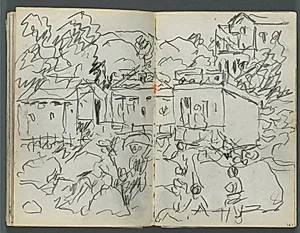 Sketchbook, The Dells, N° 127, page 146 & 147: Landscape with figures and buildings by Maurice Prendergast (American, 1858–1924)