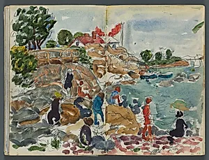 Sketchbook, The Dells, N° 127, page 158 & 159: Coastal Landscape with Figures by Maurice Prendergast (American, 1858–1924)