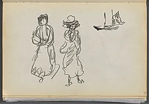 Sketchbook- The Granite Shore Hotel, Rockport, page 039: Two Figures and a Sailboat  by Maurice Prendergast (American, 1858–1924)