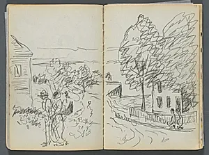 Sketchbook- The Granite Shore Hotel, Rockport, page 076 & 77: Village Scene  by Maurice Prendergast (American, 1858–1924)