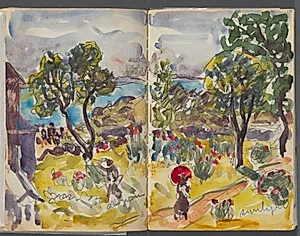 Sketchbook- The Granite Shore Hotel, Rockport, page 118 &119: Garden View with Notations by Maurice Prendergast (American, 1858–1924)