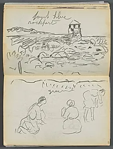 Sketchbook- The Granite Shore Hotel, Rockport, page 124 & 125: Rockport Lighthouse and Figures on Shore  by Maurice Prendergast (American, 1858–1924)