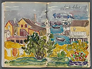 Sketchbook- The Granite Shore Hotel, Rockport, page 128 & 129: Houses on the Harbor  by Maurice Prendergast (American, 1858–1924)