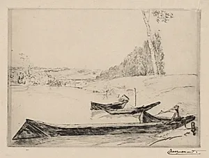 Small ferry-boats on the banks oft he Seine by Félix Bracquemond (French, 1833–1914)