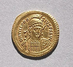 Solidus of Theodosius II and Valentinian III (obverse) by Unknown Artist