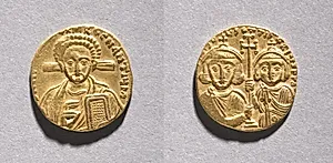 Solidus with Justinian II Rhinometus and His Son Tiberius  by Unknown Artist