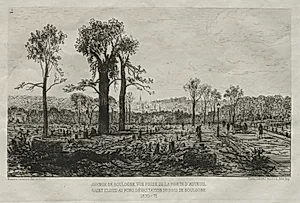 Souvenirs artistiques du Siége du Paris: Avenue de Boulogne, Vue Prise de la porte d'Auteuil, St. Cloud au fond, Dévastation du Bois de Boulogne by Maxime Lalanne (French, 1827–1886)