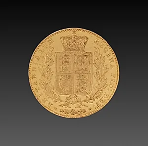 Sovereign: Broad Crowned Shield of Arms, Olive Branches and National Emblems (reverse)