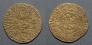 Sovereign of Thirty Shillings: Edward VI Enthroned (obverse); Shield of Royal Arms on Rose (reverse) by Unknown Artist