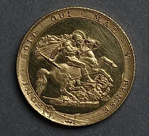 Sovereign: St. George Slaying the Dragon, within the Garter of the Order (reverse)