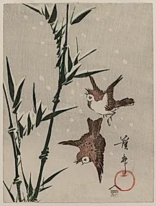 Sparrows, Bamboo and Falling Snow