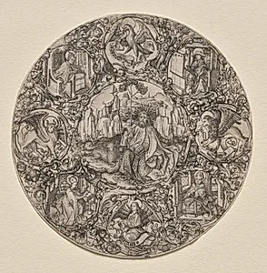 St. John the Baptist Surrounded by the Evangelists and Four Fathers of the Latin Church by Master ES (German, active 1450–67)