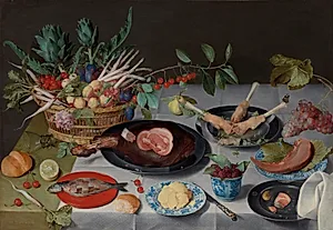 Still Life with Meat, Fish, Vegetables, and Fruit by Jacob van Hulsdonck (Flemish, 1582–1647)